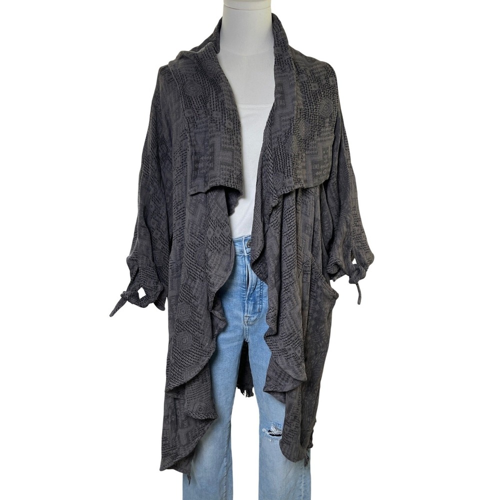 Tamsy Gray Cotton Duster Lagenlook Boho Jacket Open Front Plus One Size